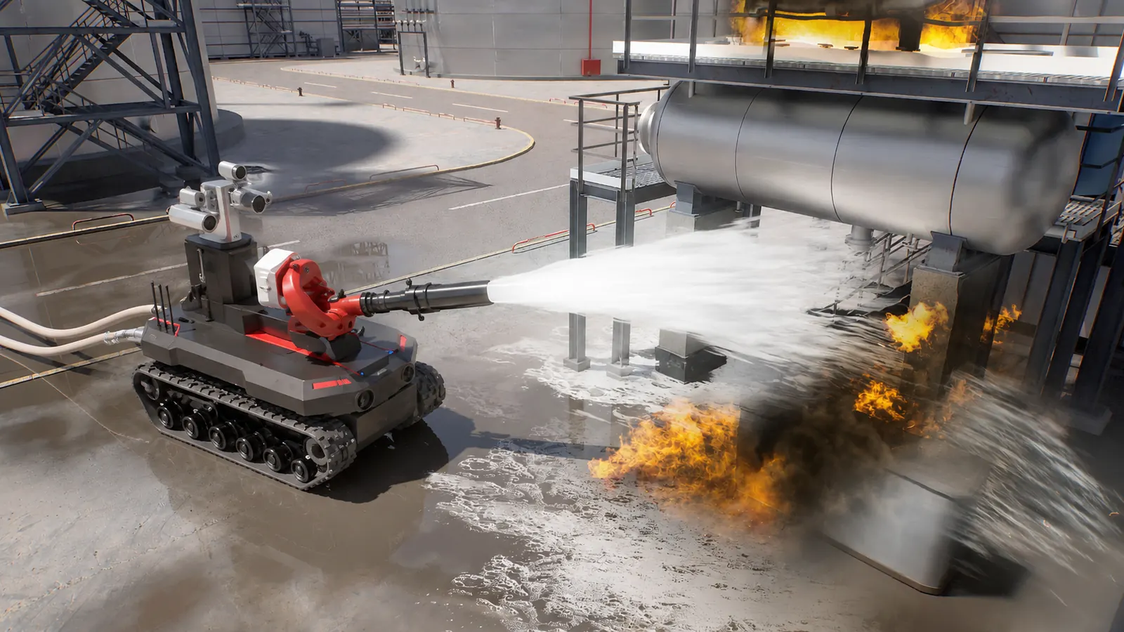Robot delivering extinguishing agent at an industrial facility