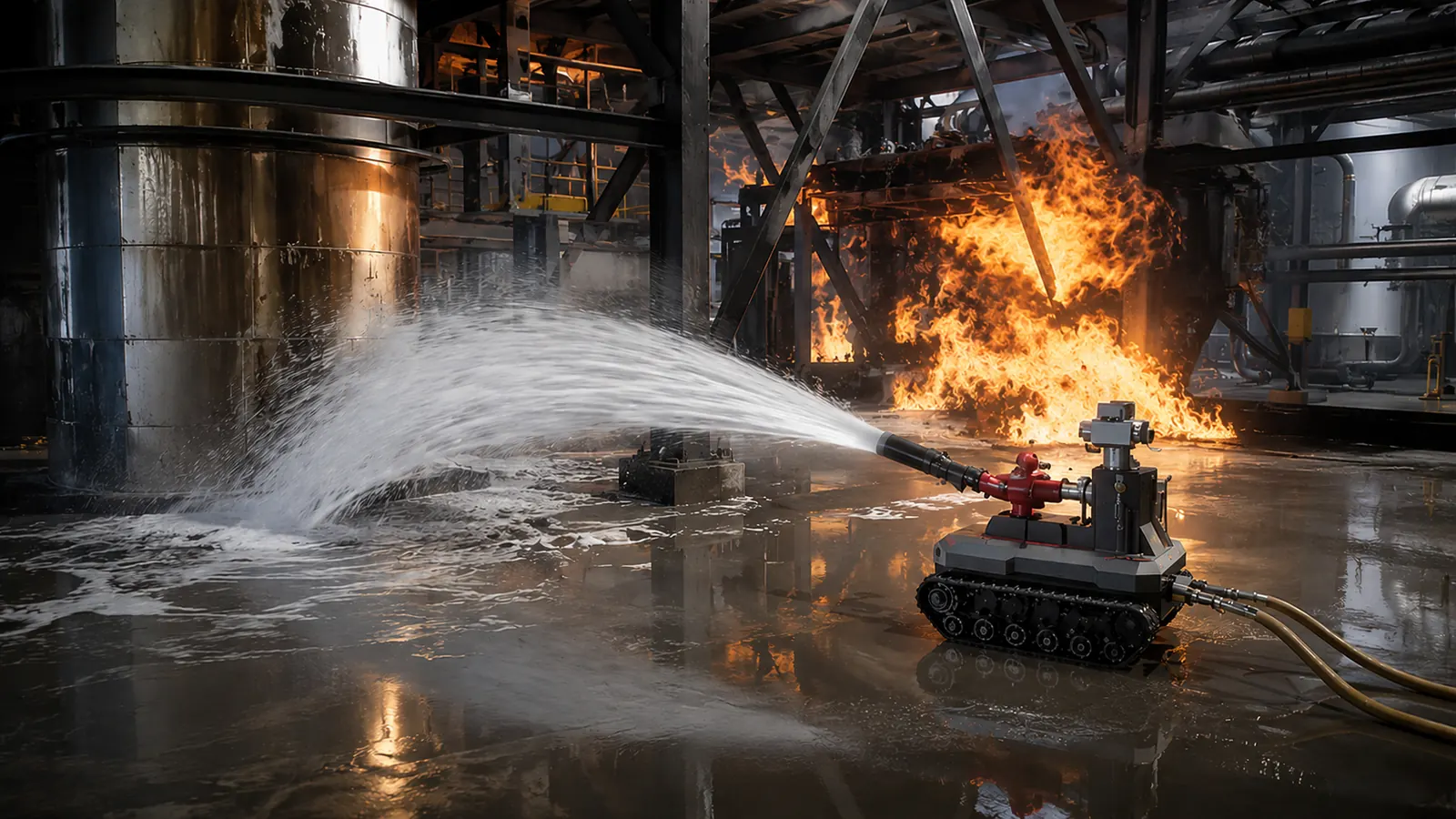 Compact tracked firefighting robot cooling an industrial fire