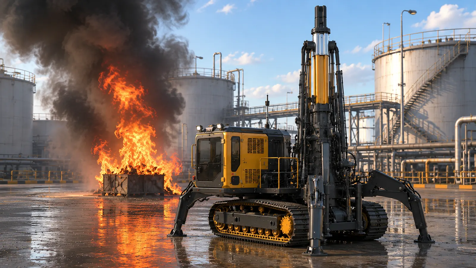 Heavy robotic wellhead unit at a tank farm fire test