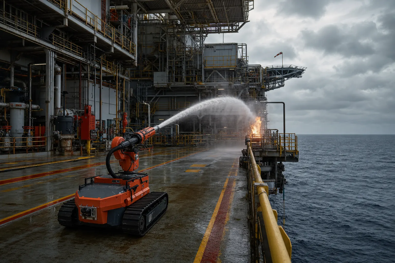 Offshore firefighting robot on platform deck