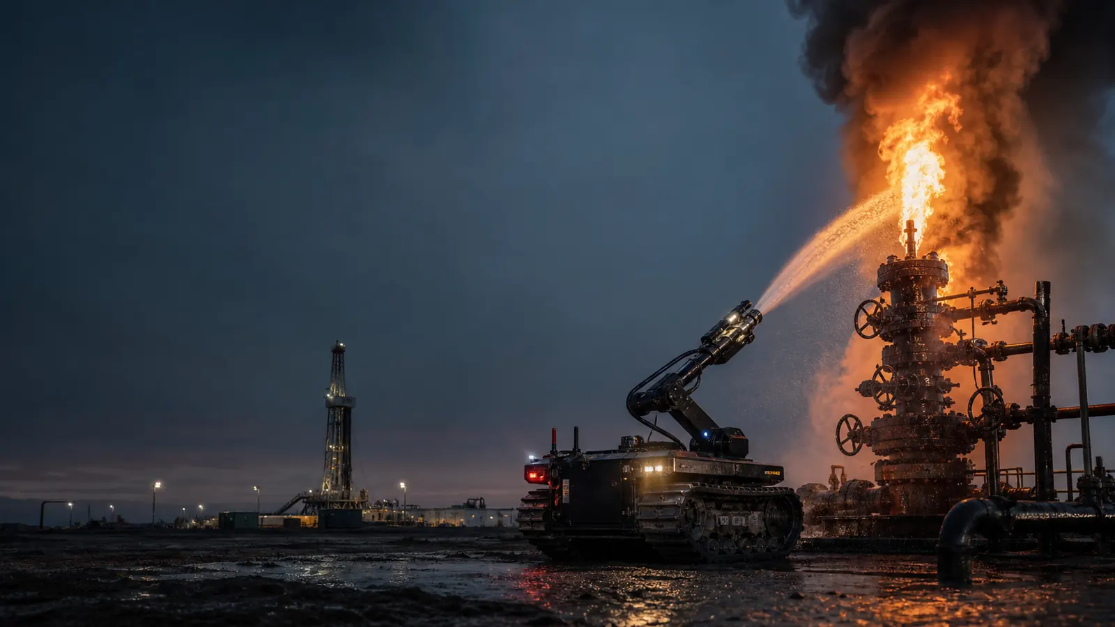 Robotic system suppressing burning wellhead